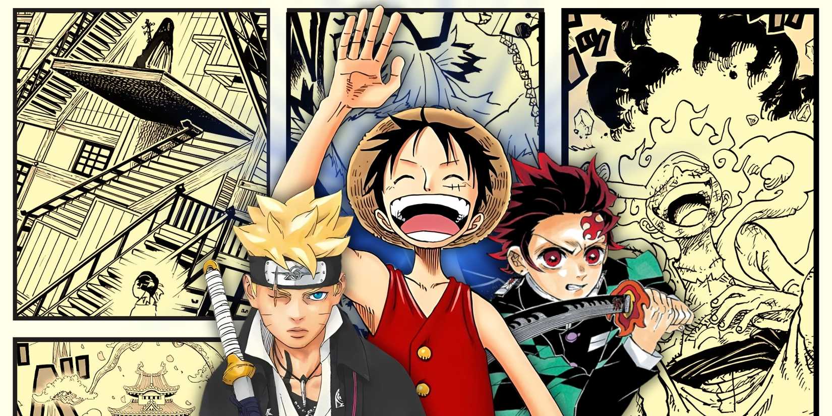 Un collage mettant en avant des panneaux de manga de One Piece et Demon Slayer avec Boruto, Luffy et Tanjiro en premier plan