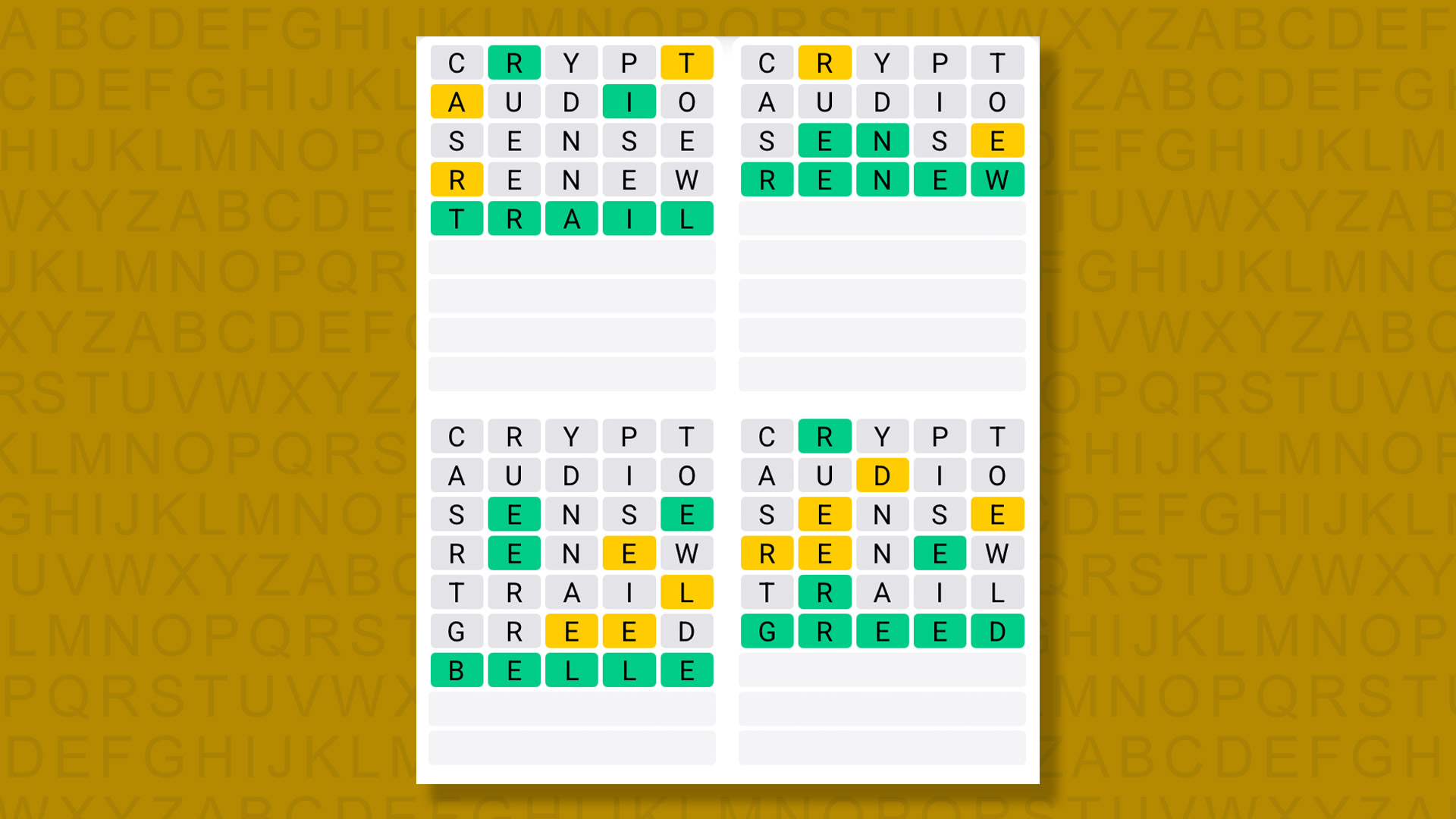 Réponses Quordle pour le jeu 1556 sur fond jaune