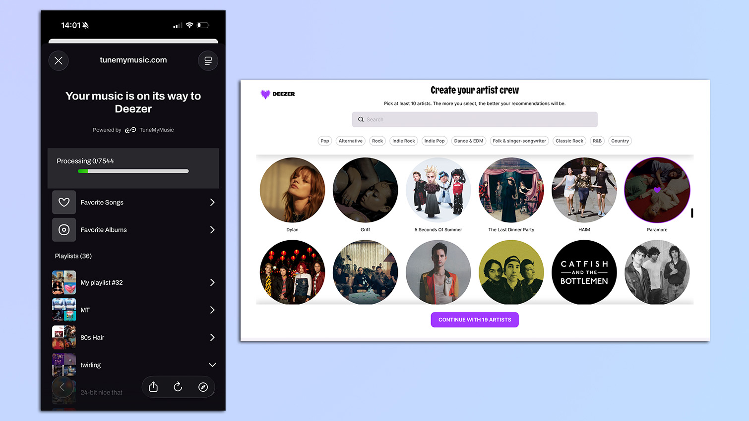 Captures d'écran de l'application Deezer montrant le transfert depuis Spotify et la sélection d'artistes pour les recommandations