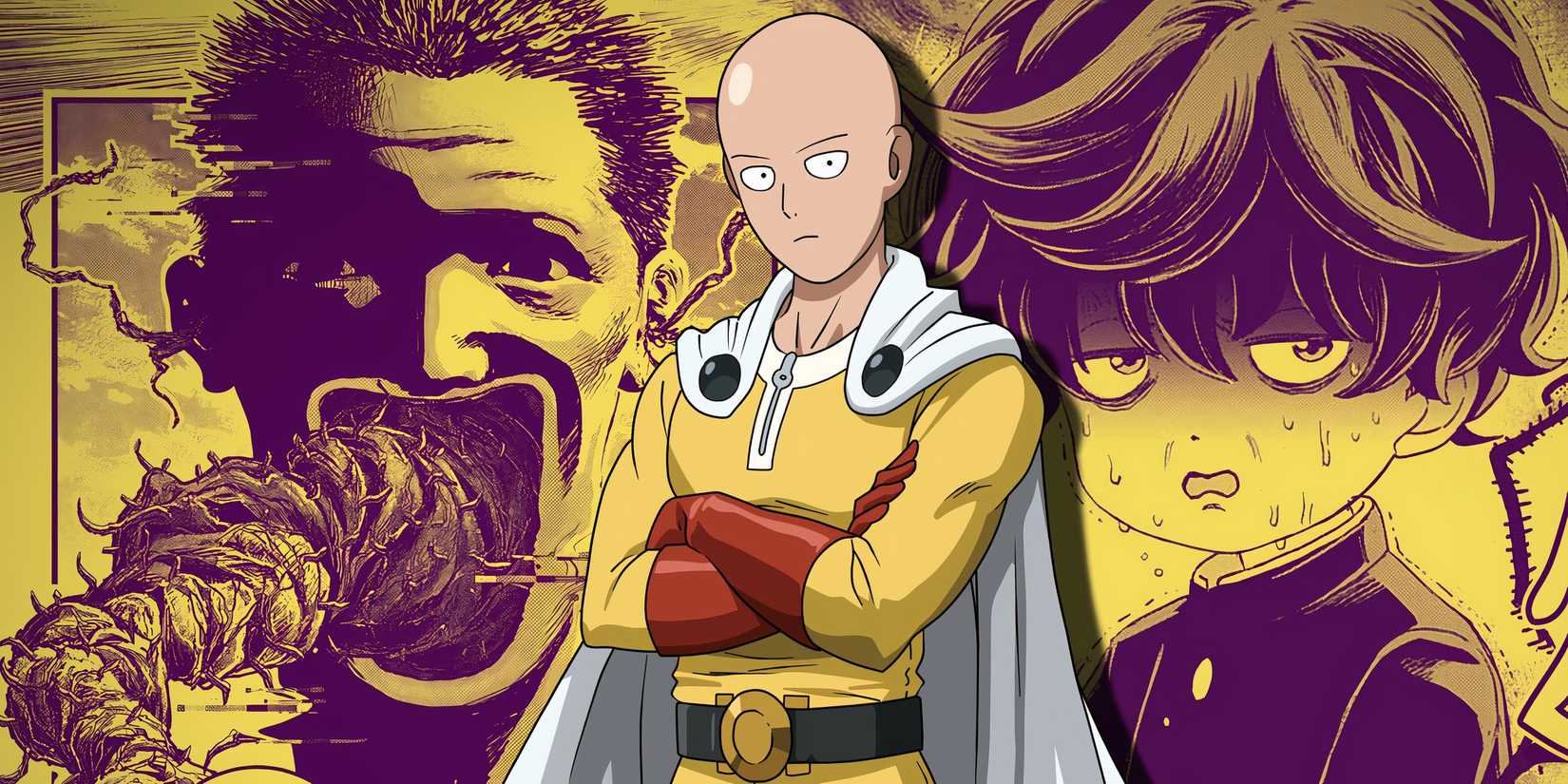 saitama de One Punch Man avec Bug Ego en arrière-plan