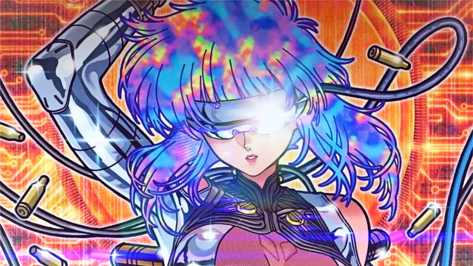 Major Motoko Kusanagi avec des lunettes réfléchissantes et des cheveux multicolores dans une image promotionnelle du nouveau Ghost in the Shell.