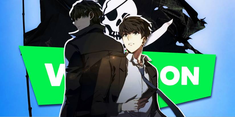 Personnages de Omniscient Reader's Viewpoint avec le logo WEBTOON et un drapeau pirate