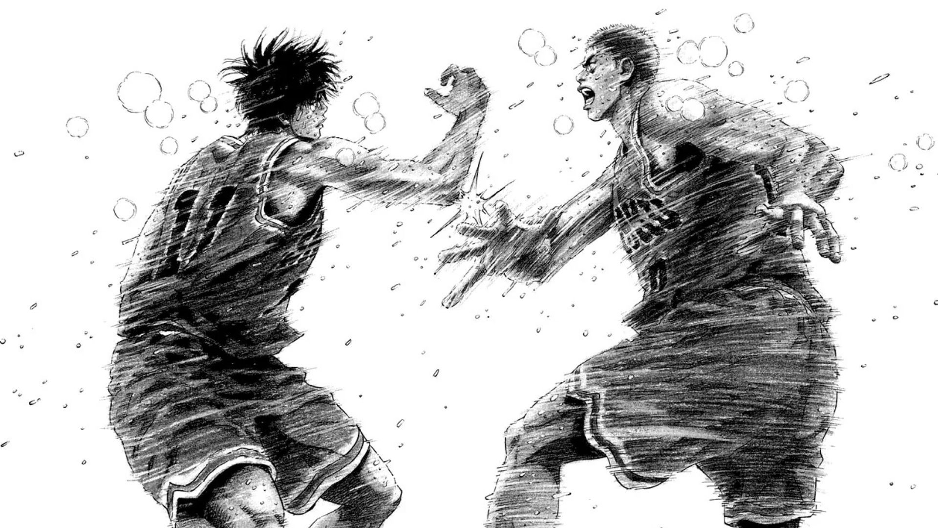 Sakuragi et Rukawa lors d'un match de basketball intense dans Slam Dunk