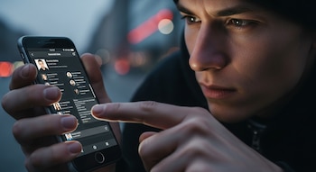 Un jeune homme regardant un smartphone avec le doigt sur l'écran