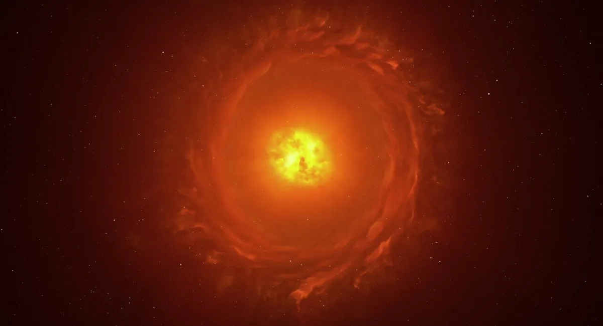 Impression artistique de l'étoile WOH G64, située dans le Grand Nuage de Magellan, à plus de 160 000 années-lumière. Crédit : ESO/K. Ohnaka et al.