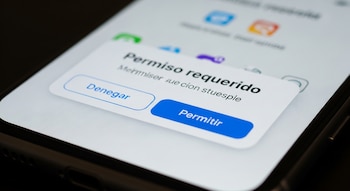 Un smartphone avec une fenêtre pop-up blanche affichant 'Permission requise'