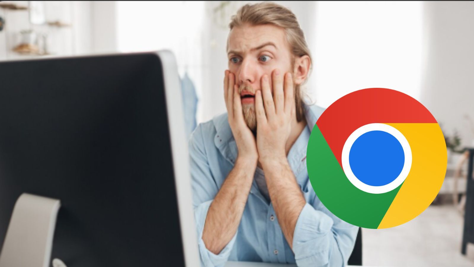 Homme s'inquiétant devant un écran d'ordinateur avec le logo Google Chrome
