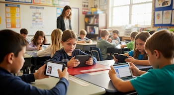 Une vue d'une salle de classe avec des enfants concentrés sur des tablettes.