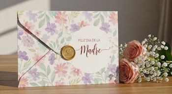 Tarjeta florale pour la fête des mères au Pérou, avec deux roses roses sur une table en bois.