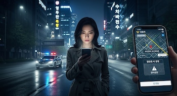 Une femme en trench regardant son smartphone avec une alerte de sécurité, tandis qu'une patrouille de police se rapproche dans une rue de Séoul.