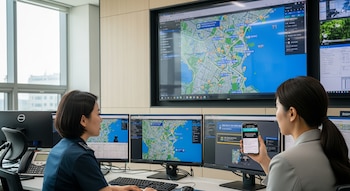 Une agente de police observe plusieurs écrans de surveillance avec des cartes, auprès d'une femme vérifiant la notification sur son téléphone.