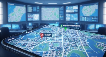 L'application mobile montre une carte urbaine avec des emplacements de victime et de personne surveillée, entourée par un centre de contrôle policier.
