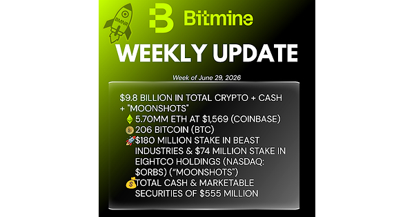 Bitmine Immersion Technologies (BMNR) dévoile que ses avoirs en ETH atteignent 5,70 millions de jetons, pour un total impressionnant de 9,8 milliards de dollars en cryptomonnaies et en liquidités !