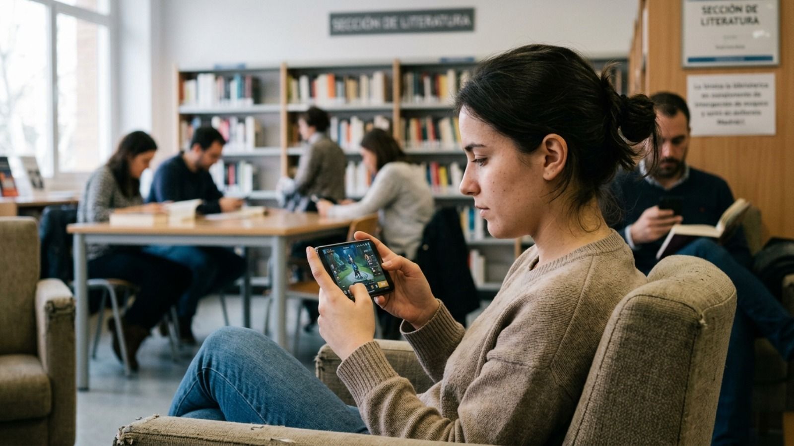 Femme jouant avec son mobile.