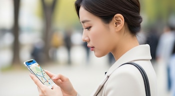 Une femme sud-coréenne de profil tient un téléphone portable, observant une carte sur l'écran.