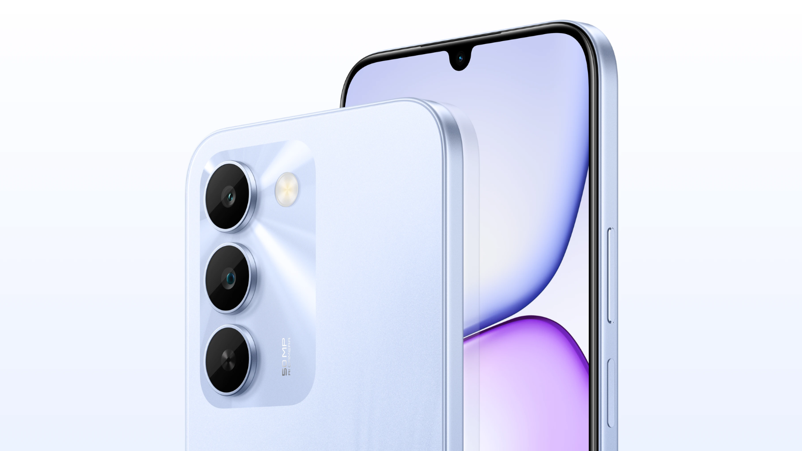 Détail du module de caméras arrière et de l'avant avec un notch type goutte du realme C100 5G en couleur bleu clair.