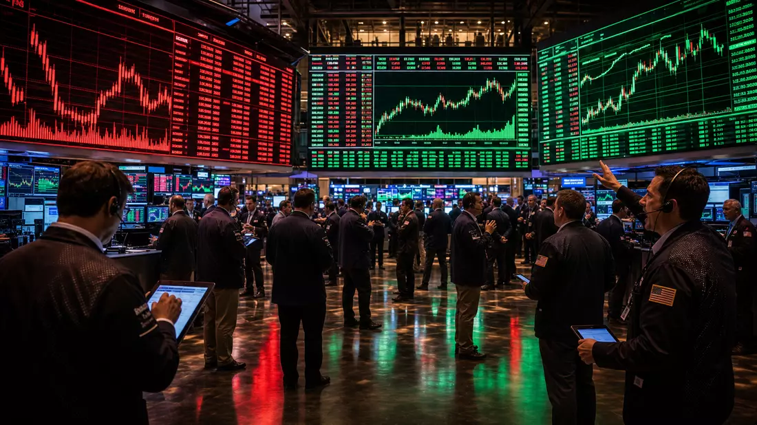 Börsensaal mit Händlern vor digitalen Anzeigetafeln – Illustration der Präsence de Meta Platforms sur le marché NASDAQ