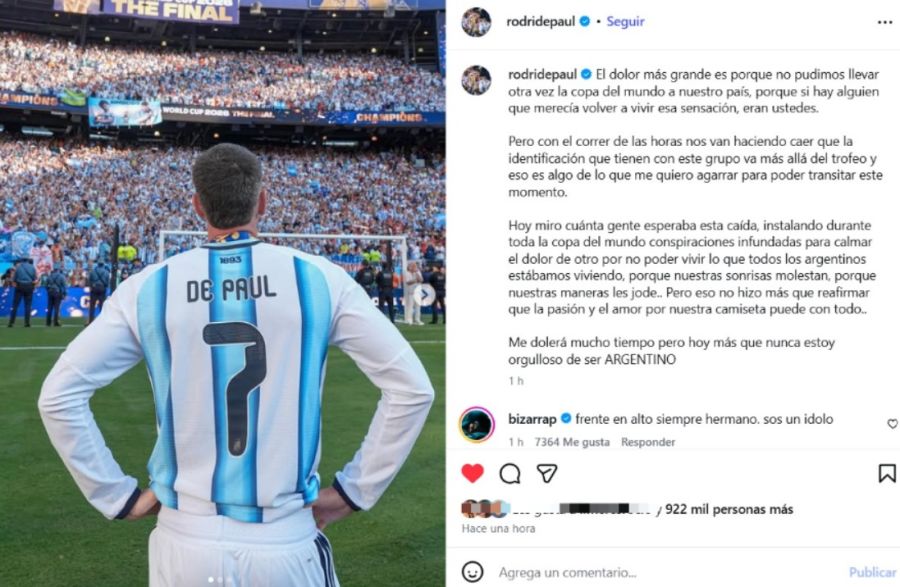 Le message fort de Rodrigo De Paul après la finale du Mondial