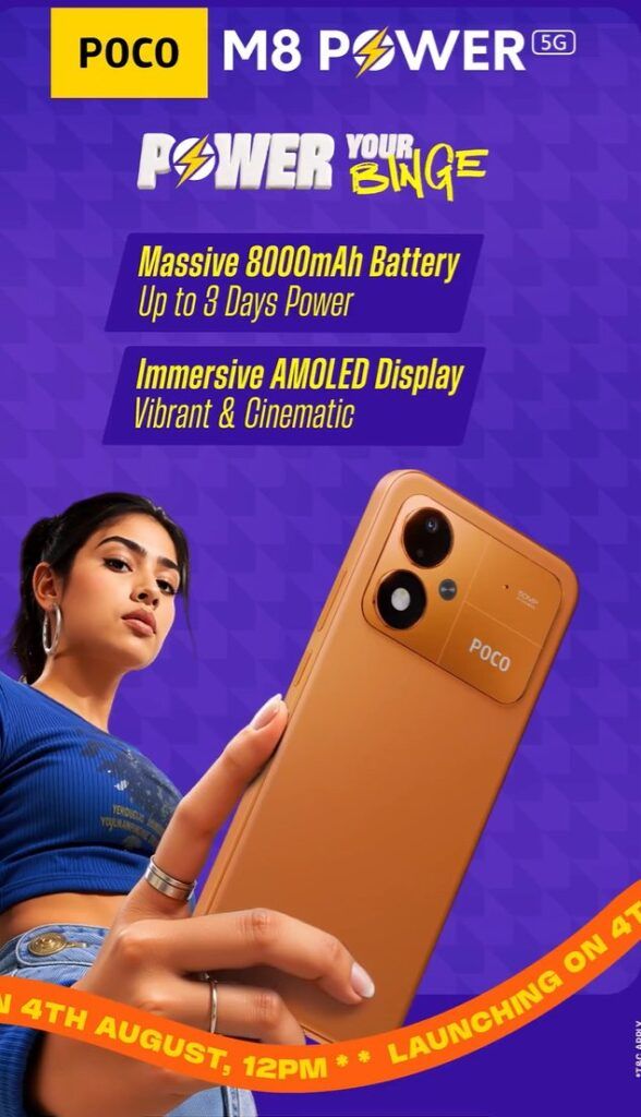 Affiche du POCO M8 Power 5G mettant en avant sa batterie de 8000 mAh et son écran AMOLED.