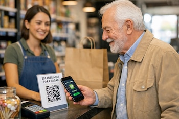 Un homme plus âgé avec une barbe grise utilisant un téléphone mobile pour payer avec un code QR