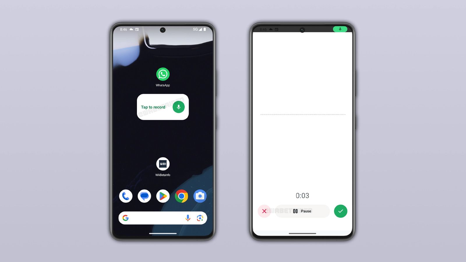 Interface affichant le widget de messages vocaux de WhatsApp sur un écran d'accueil