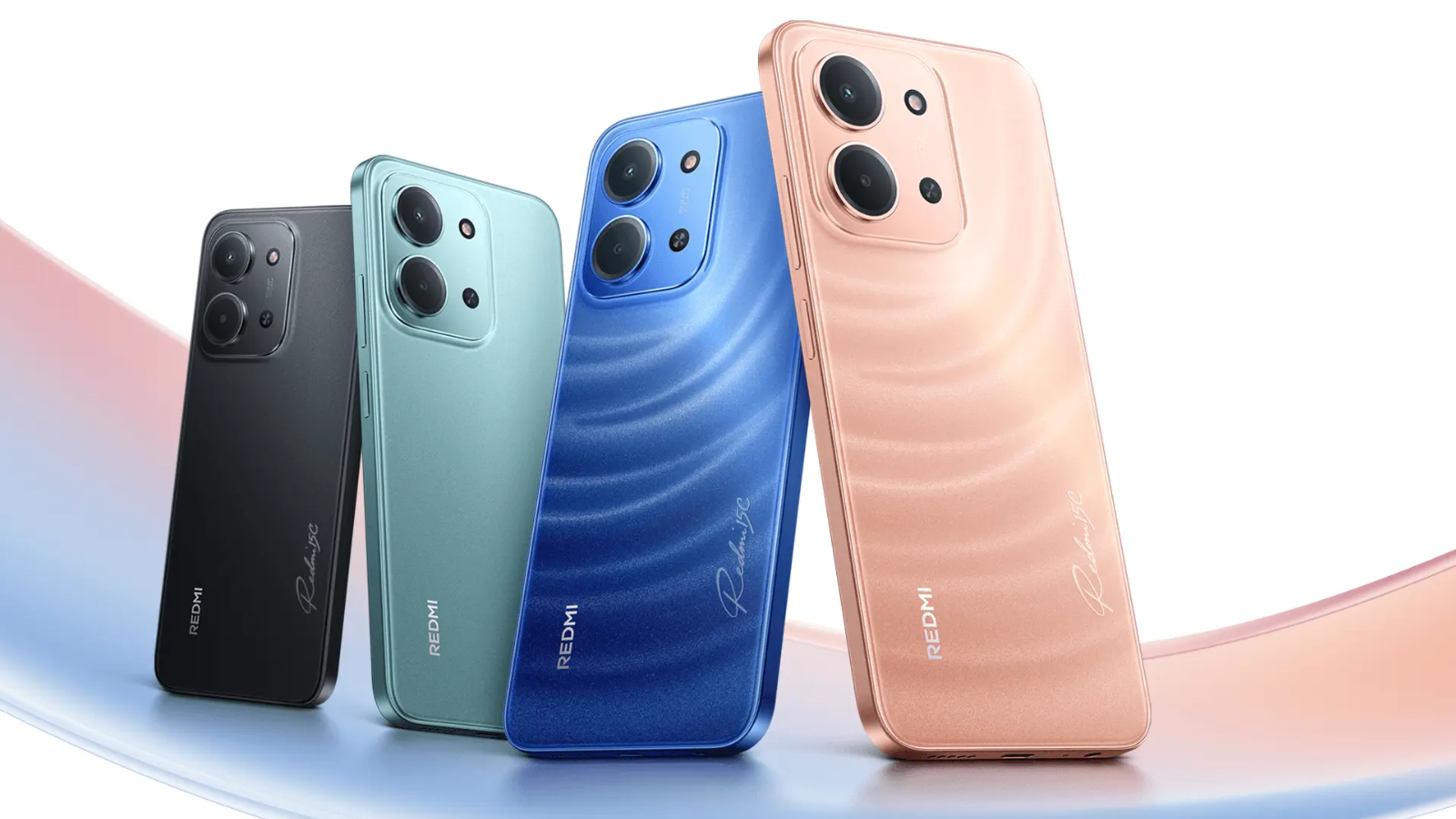 Quatre smartphones Redmi 15C en couleurs noire, vert, bleu et rose.
