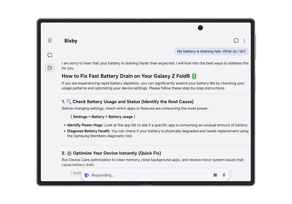 Bixby sur Samsung Galaxy Z Fold8 fournit des conseils étape par étape pour vérifier l'utilisation de la batterie, diagnostiquer la santé de la batterie et réduire une décharge rapide.