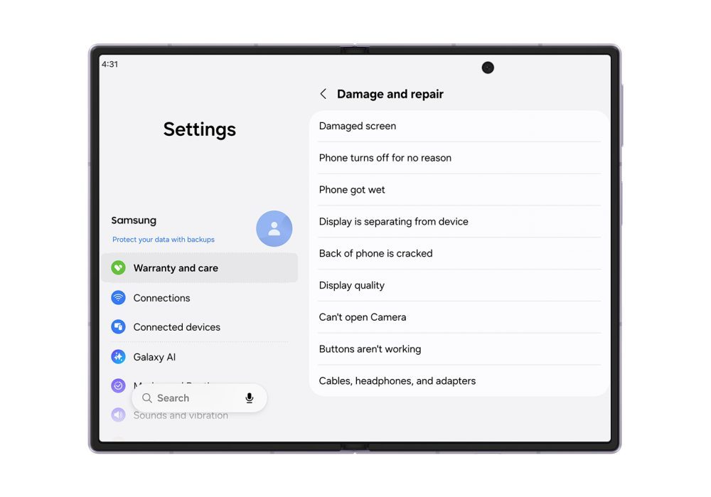 Paramètres de dommages et réparations sur Samsung Galaxy Z Fold8 listant les options de support pour un écran endommagé, exposition à l'eau, problèmes d'affichage, problèmes de caméra et autres réparations