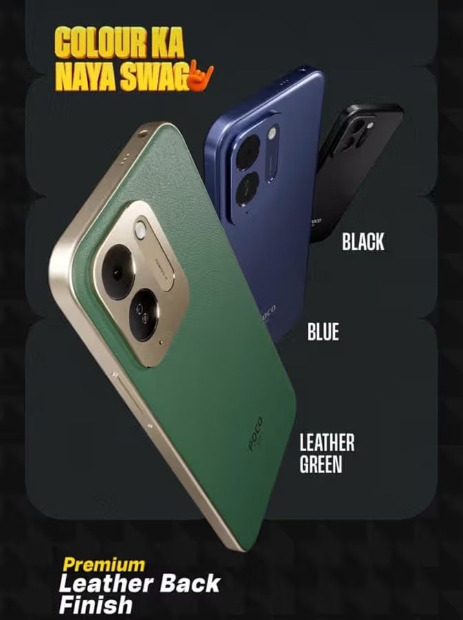 Différentes coloris du smartphone POCO M8x 5G en vert, bleu et noir.