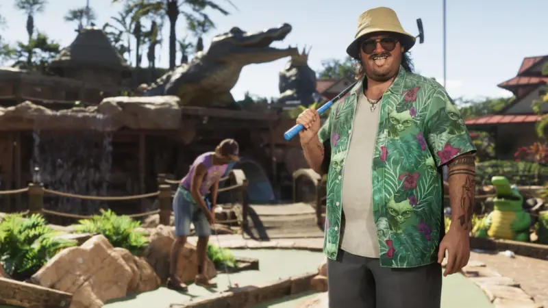 Cal Hampton, un personnage de GTA 6, devant un minigolf.