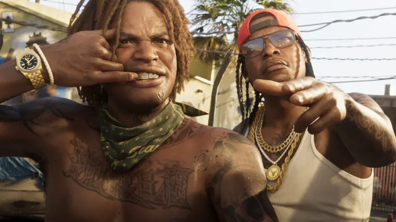 Deux personnages de GTA 6 font un geste vers le spectateur.