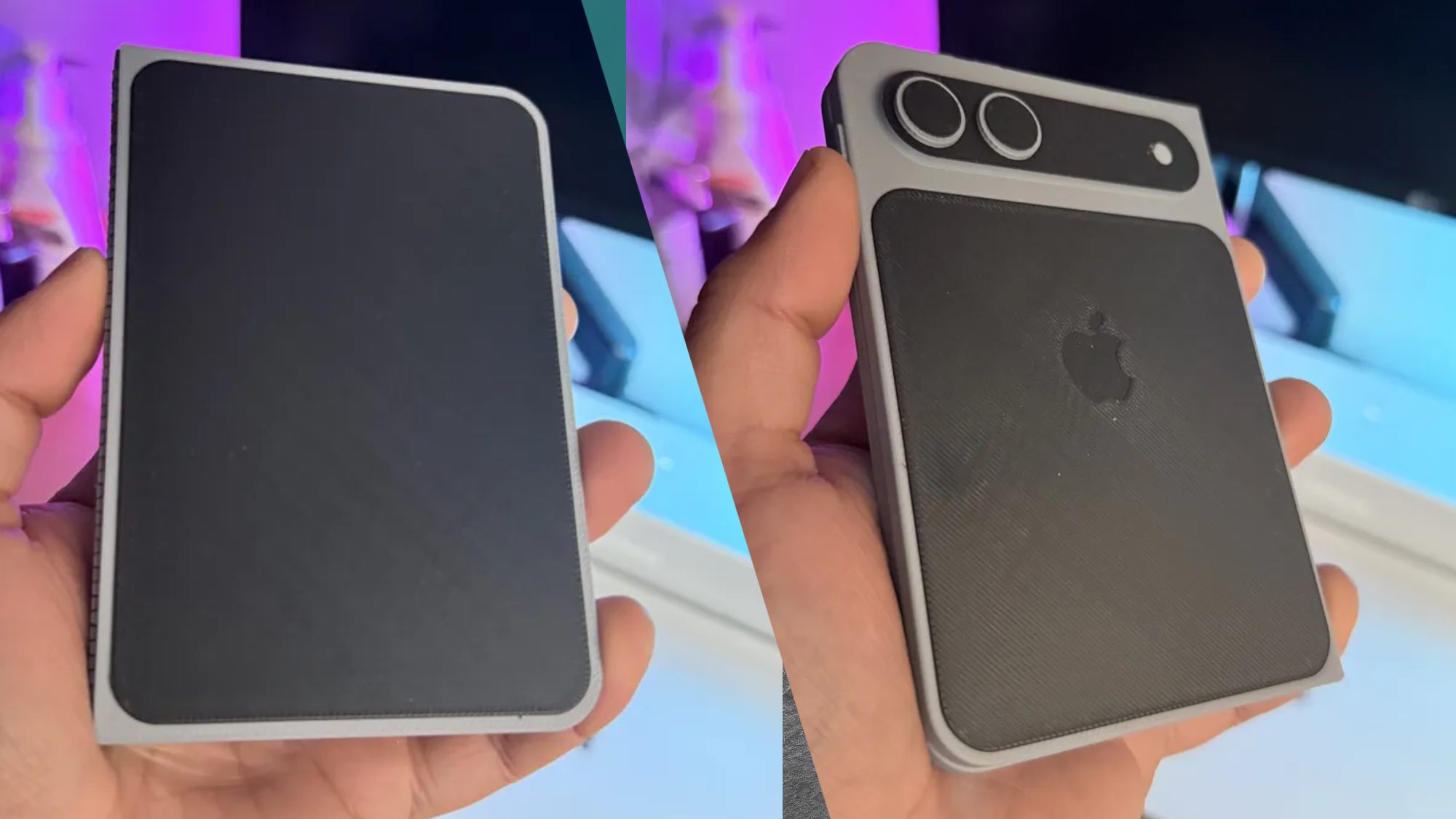 Maquette 3D imprimée de l'iPhone pliable montrant l'écran avant et l'arrière de l'appareil