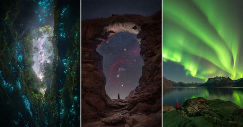 Un triptyque montrant une grotte lumineuse sous un ciel étoilé, une personne se tenant sous une arche naturelle de roche la nuit, et une aurore.