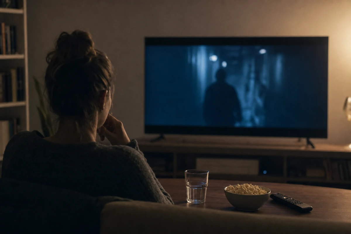 Une personne sur un canapé regarde une scène de thriller floue à la télévision, avec du pop-corn, un verre d'eau et une télécommande sur la table