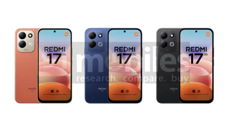 Trois smartphones Redmi 17 5G en couleurs orange, bleu et noir vus de face et de dos.