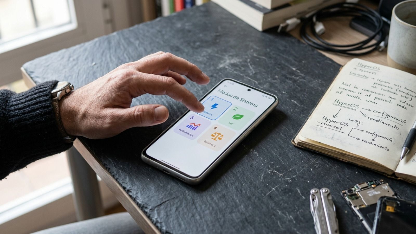 Personne configurant les modes de consommation d'énergie d'un smartphone.