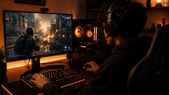 Un joven avec des écouteurs utilise un ordinateur de bureau