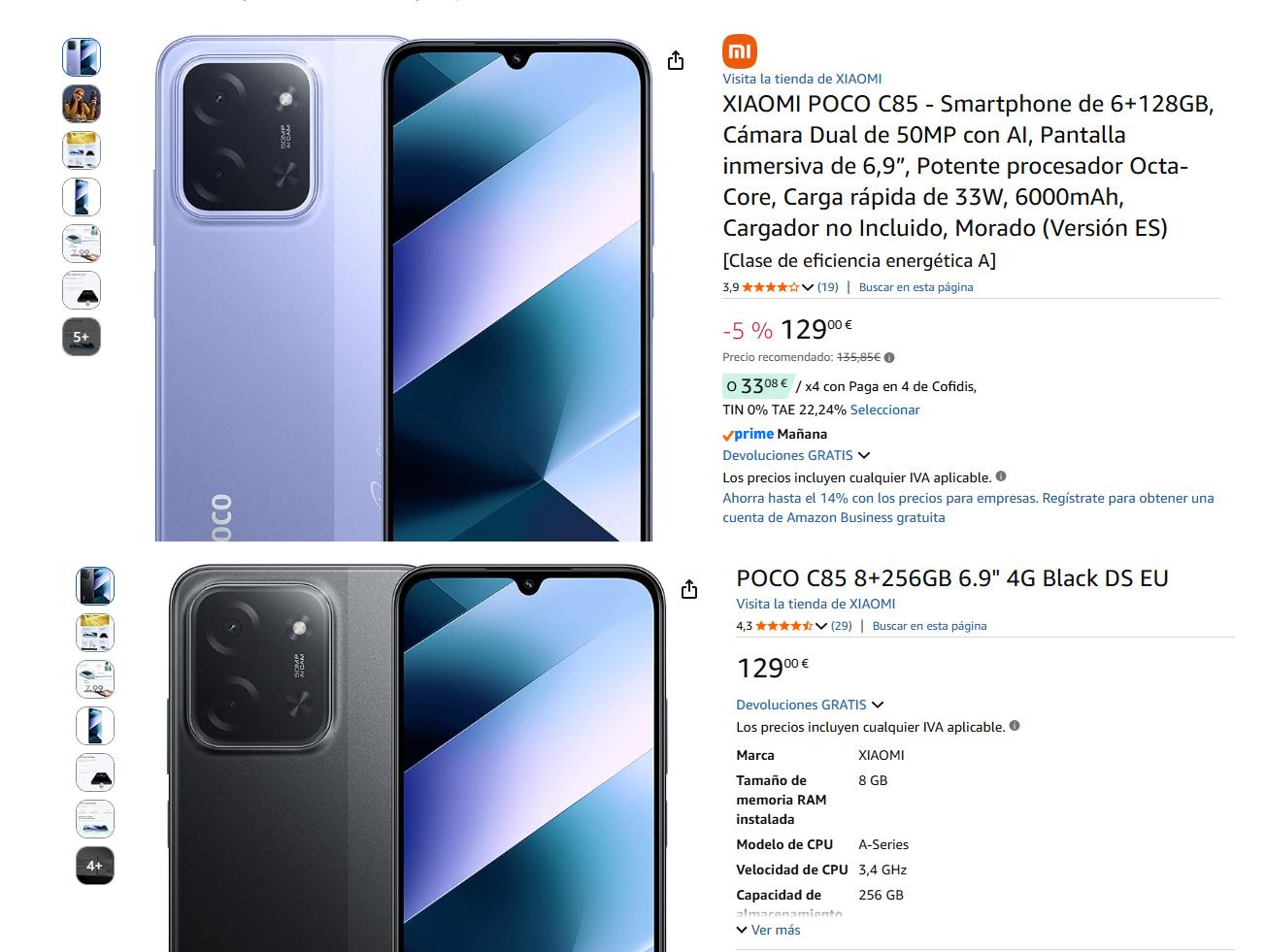 Capture d'écran de la boutique Amazon montrant le smartphone POCO C85 en couleurs noir et violet, avec ses spécifications techniques et son prix réduit.