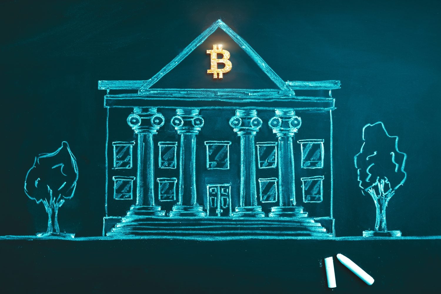 Symbole bancaire Bitcoin. Concept de l'adoption massive de Bitcoin par les fonds spéculatifs, fonds de pension, capital-risque, institutions financières et banques