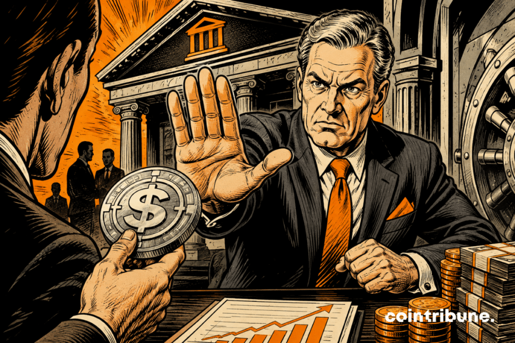 Illustration d'un banquier refusant une récompense en stablecoins devant un client.
