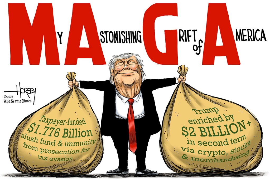 Une illustration humoristique montrant Donald Trump tenant des sacs d'argent provenant de ses affaires récentes.