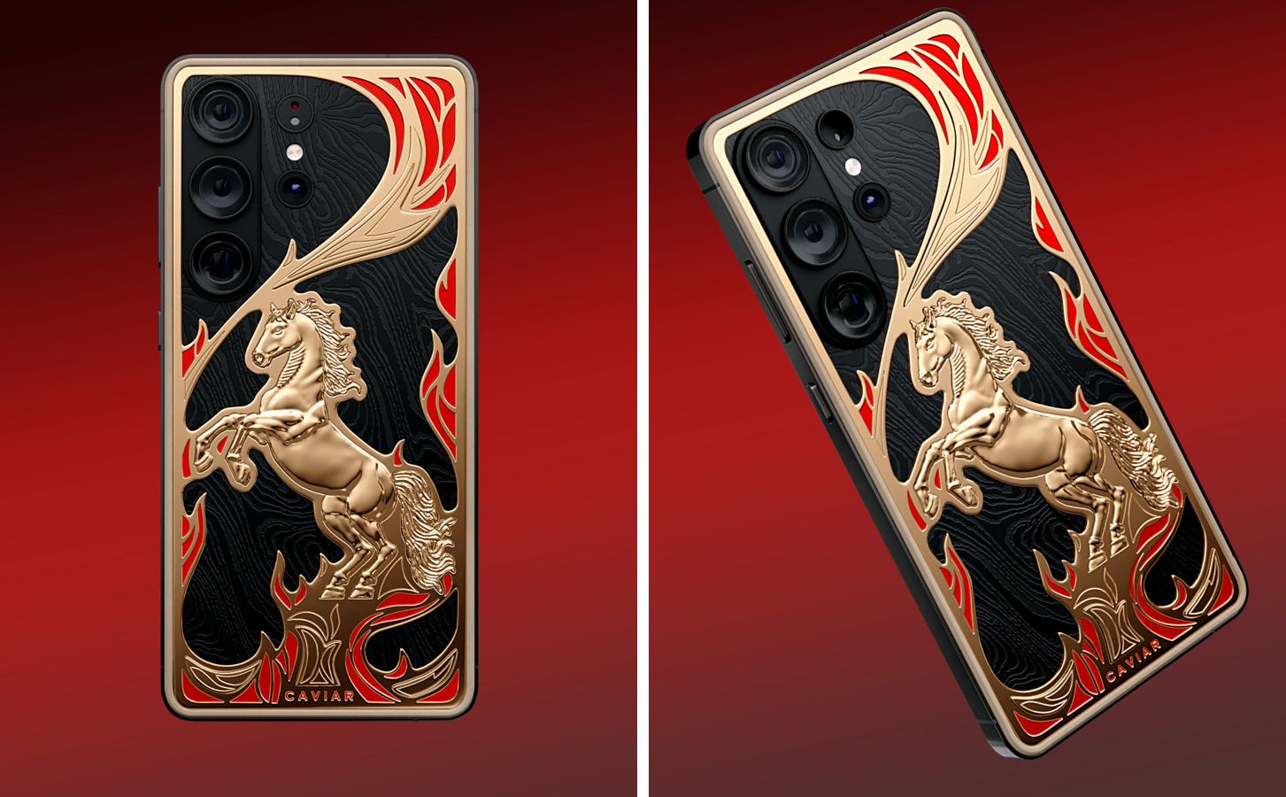 Arrière d'un Samsung Galaxy S26 Ultra personnalisé par Caviar, avec un relief doré en forme de cheval.