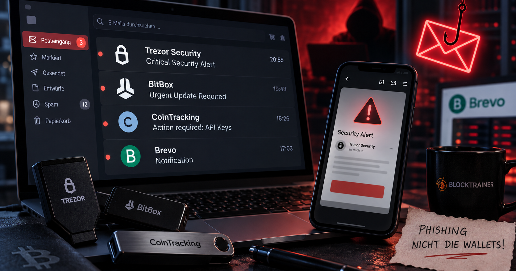 Alerte aux utilisateurs de Bitcoin : Vague de phishing avec des faux e-mails de BitBox, Trezor et CoinTracking !