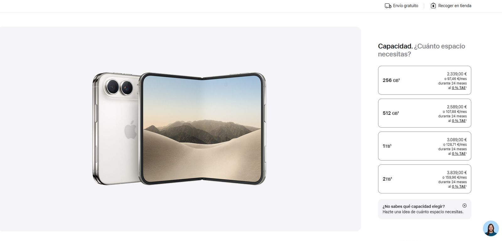 Interface de sélection de capacité et prix pour un iPhone pliable sur le site officiel.