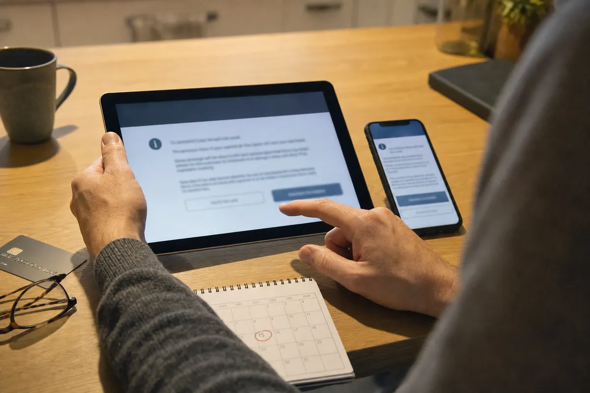 Utilisateur examinant un avis d'augmentation d'abonnement sur tablette et smartphone, avec des documents de paiement et un calendrier sur la table.