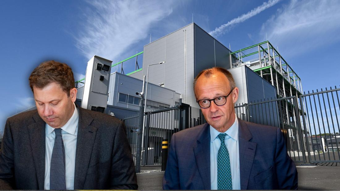 Friedrich Merz et Lars Klingbeil devant un centre de données à Hanau