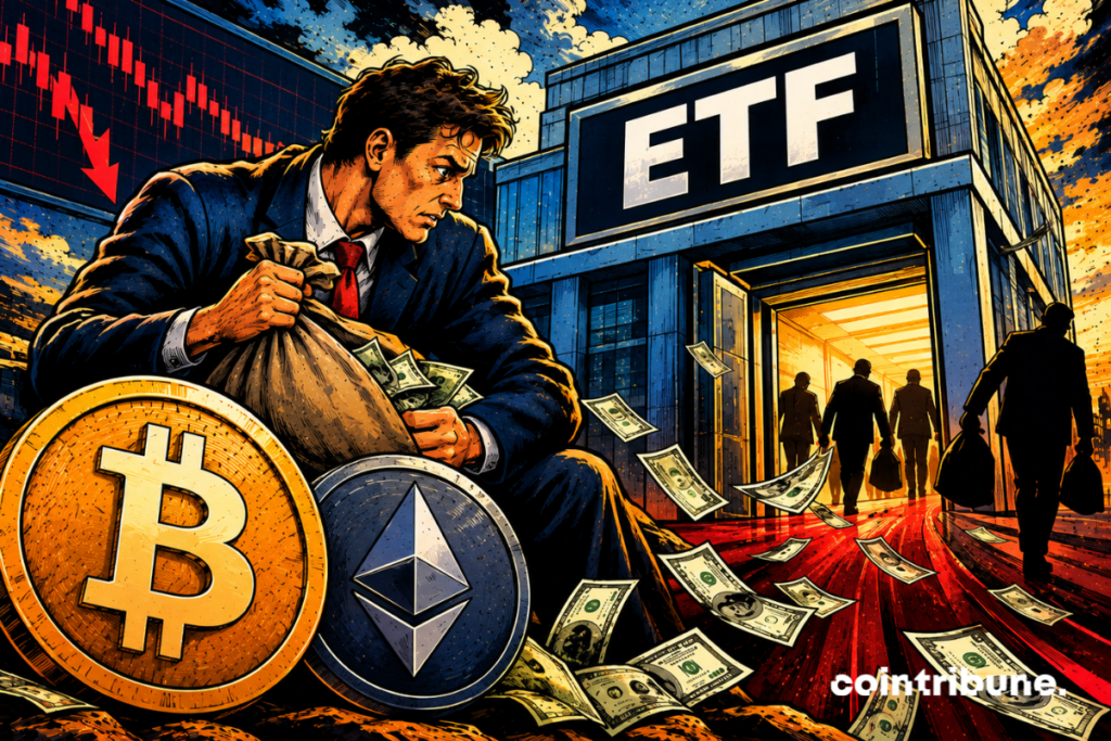 Un investisseur préoccupé tient un sac d'argent devant un édifice avec l'inscription ETF, entouré des logos de Bitcoin et Ethereum.