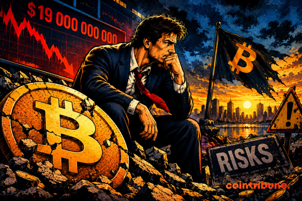 Un trader préoccupé assis sur un symbole de Bitcoin brisé, devant un graphique rouge en chute.
