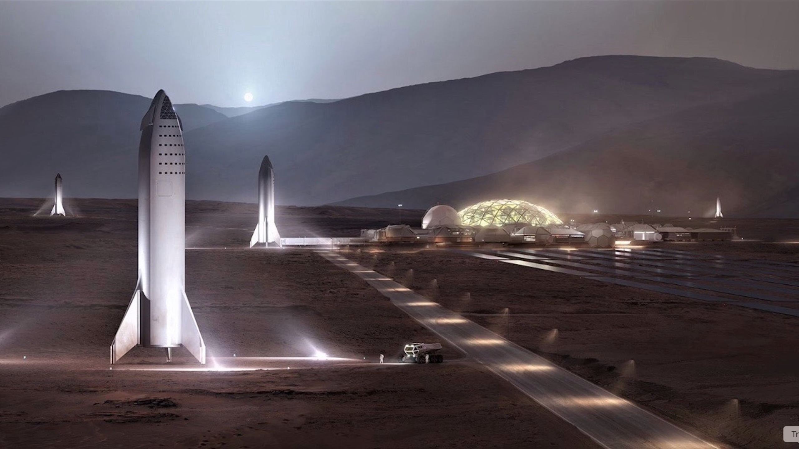 illustration d'une colonie humaine sur Mars, composée de plusieurs dômes en verre éclairés avec de grands fusées blanches.