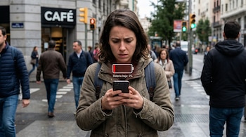 Une femme examinant son téléphone avec une batterie faible dans une rue fréquentée